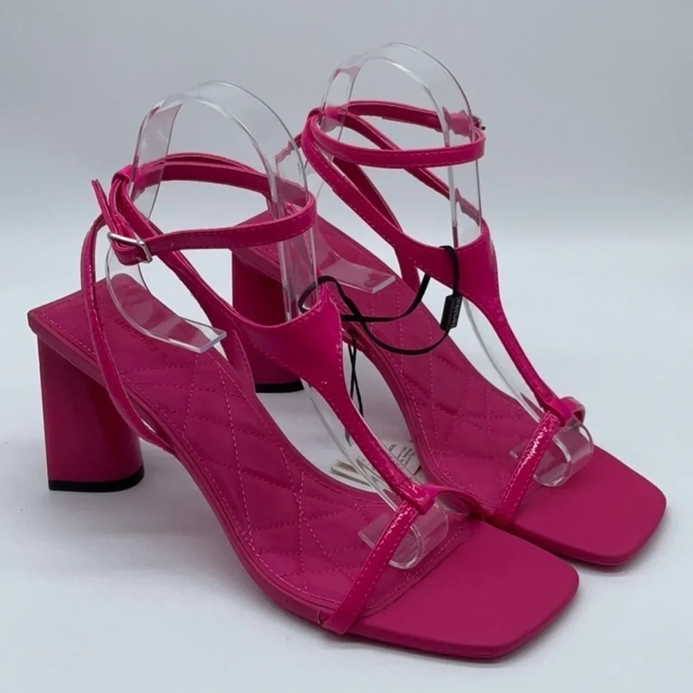 Bershka mid heel T-bar sandals in hot pink